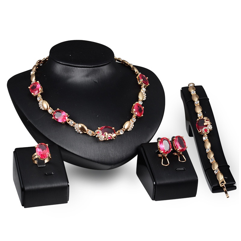 Fashion geometric inlaid diamond semiprecious stones fourpiece jewelry set