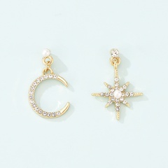 Korean style eight-pointed star moon full diamond asymmetrical earrings