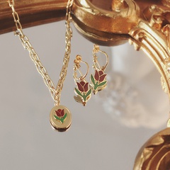 Boucle d'oreille collier en acier titane fleur rouge vin tulipe rétro