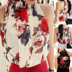 Neue ärmellose Sling-Bluse aus Chiffon mit Rosen-Print