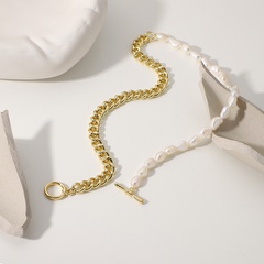 simple half pearl metal splicing chain stainless steel necklace