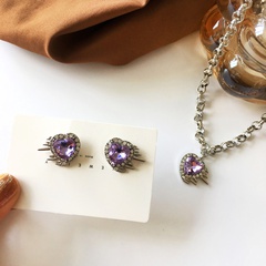 Retro Style Purple Diamond Heart Shape Pendant Necklace Stud Earrings