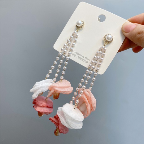 Korean peony flower long tassel pearl earrings's discount tags