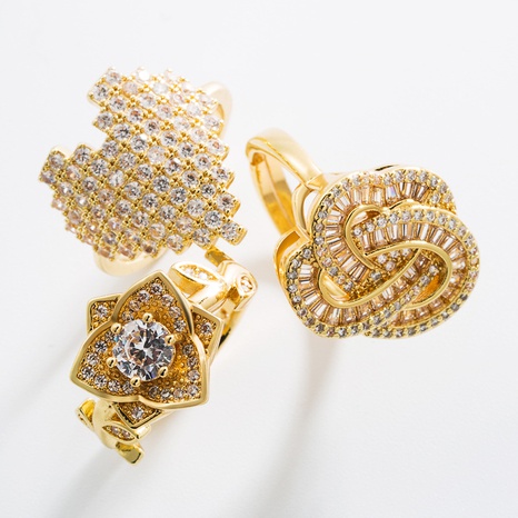 anillo abierto de circonita con incrustaciones de cobre de flor geométrica en forma de corazón de moda's discount tags