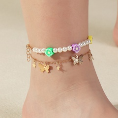 Nihaojewelry butterfly flower pearl double layer anklet Wholesale jewelry