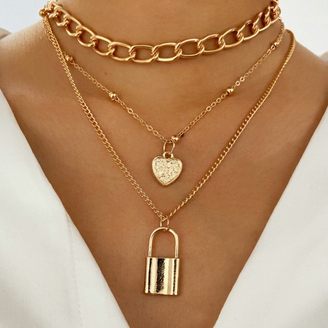 wholesale bijoux pendentif en forme de coeur en forme de serrure rétro collier double couche nihaojewelry's discount tags