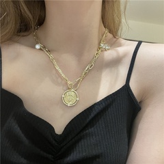 Nihaojewelry metal diamond pearl coin pendant double layered necklace Wholesale jewelry