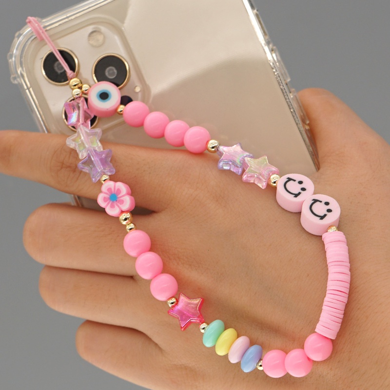 ethnic bohemian pink smiley mobile phone chain