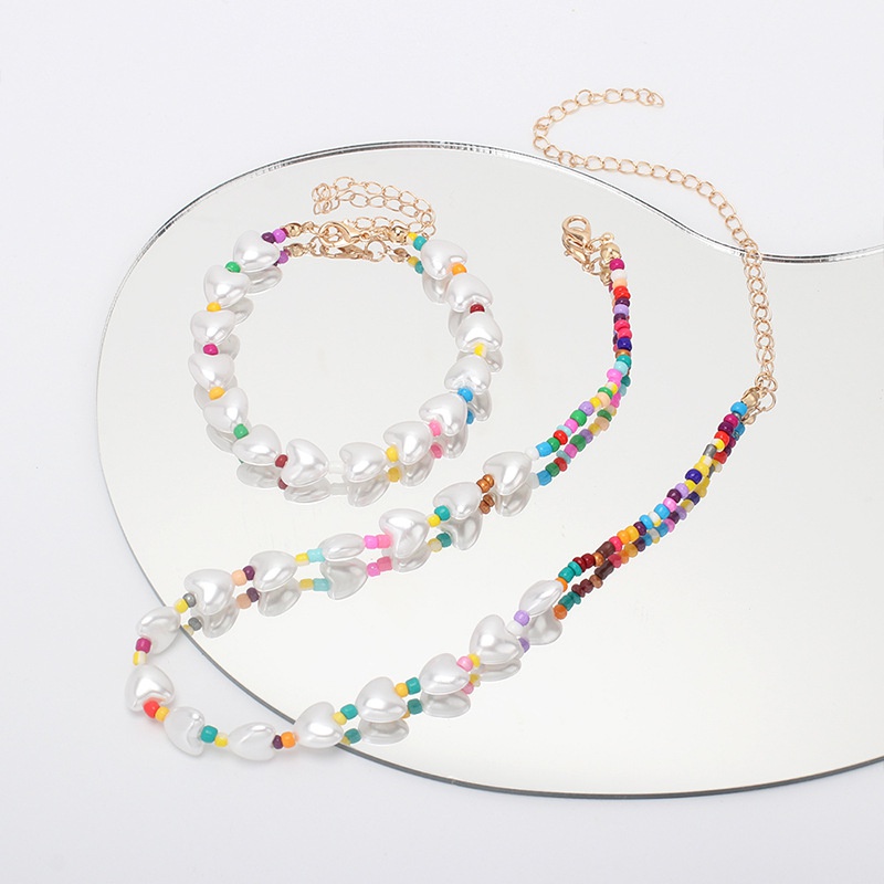 ethnic style heart pearl necklace bracelet combination set