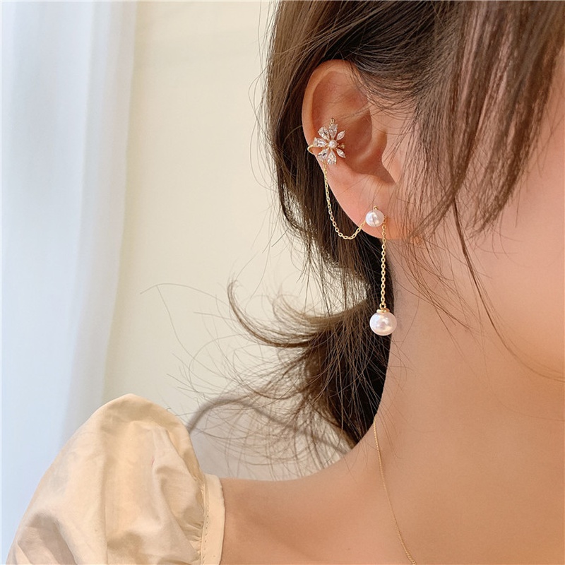 Korean flower pearl tassel zircon earrings