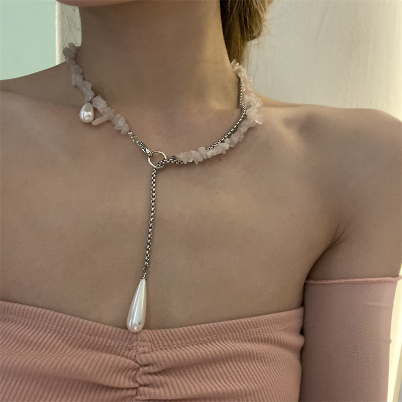 fashion water drop pearl pendant peach pollen stone necklace