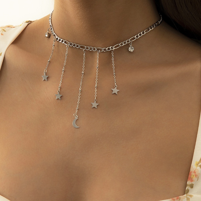 Retro long tassel star rhinestone necklace