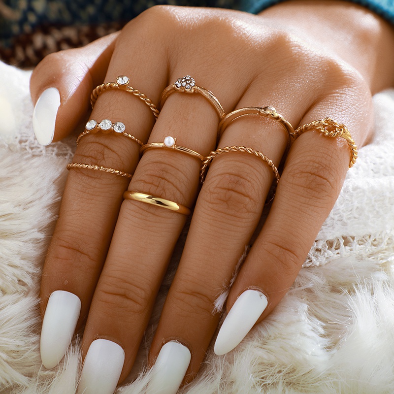 fashion geometric love twisted pearl diamond ring 9piece set