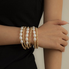 retro imitation pearl geometric round beads metal bracelet