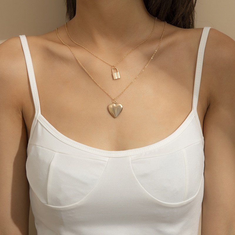 Fashion Alloy Heart Pendant Fine Chain Metal Lock Necklace