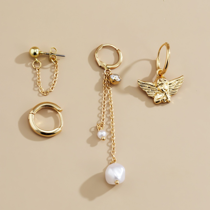 Retro geometric asymmetric imitation pearl tassel earrings