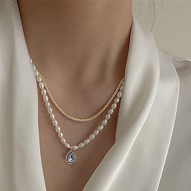 simple freshwater pearl zircon pendant double necklace