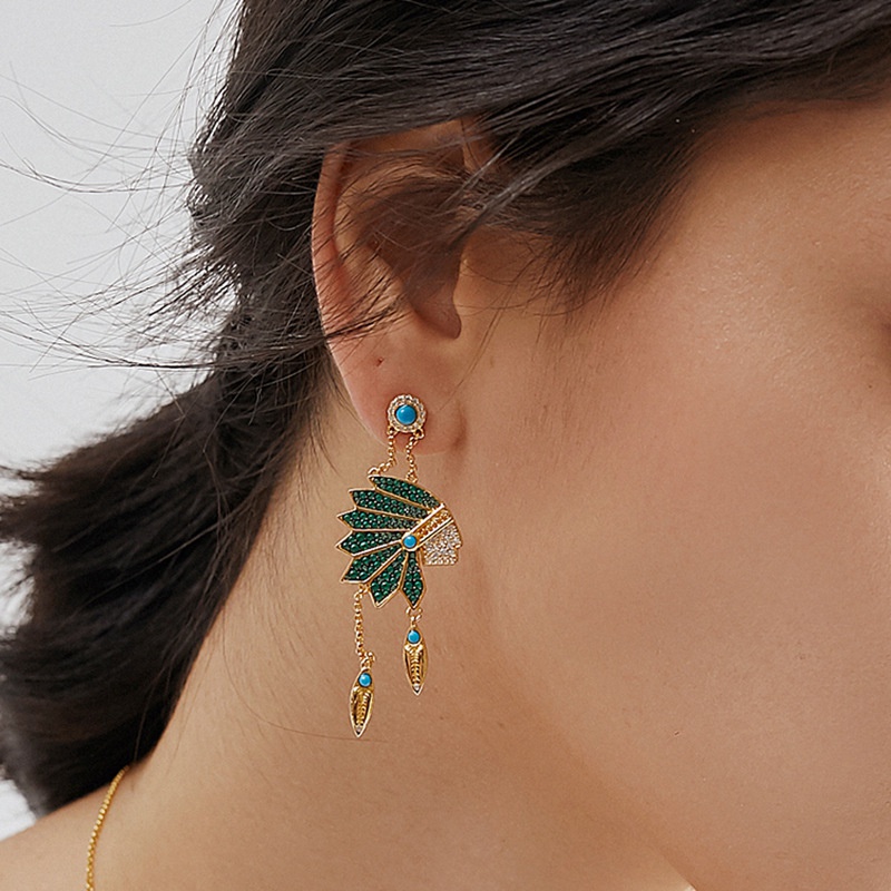 personality ethnic Indian green diamond sapphire long tassel earrings