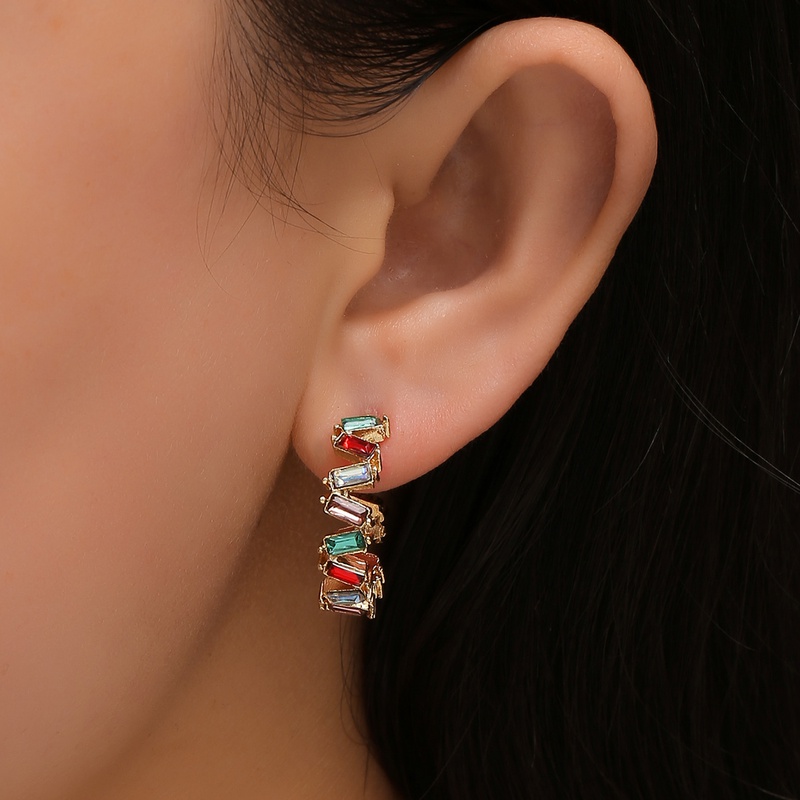 Fashion rainbow color diamond Cshaped earrings