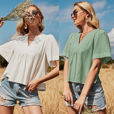 Nihaojewelry Casual Solid Color V-neck Sleeve Cotton Short Top Wholesale's discount tags