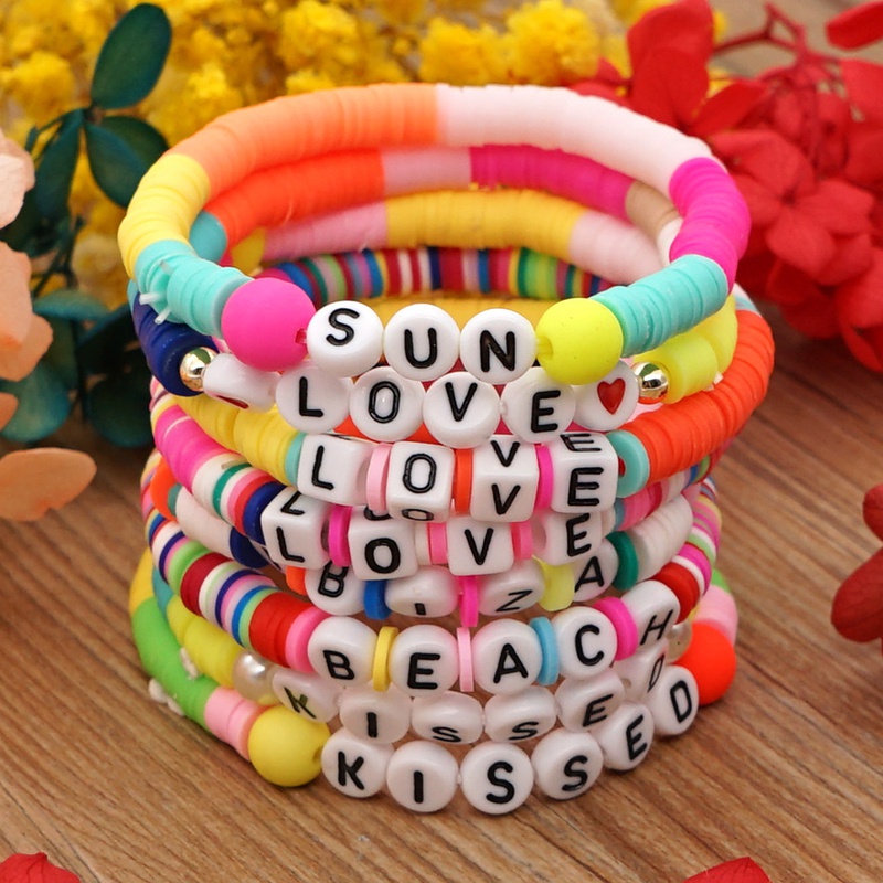 simple bohemian style colorful soft pottery LOVE letter beaded bracelet