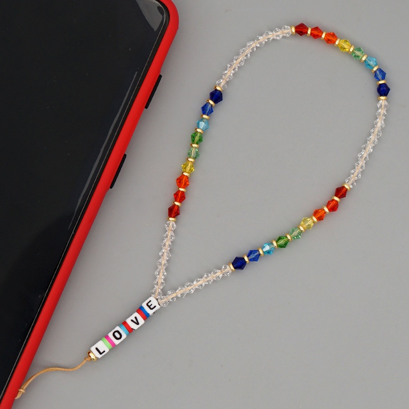 Cadena de telfono mvil de cristal de arco iris corto con letra de AMOR de acrlico antiperdida de moda