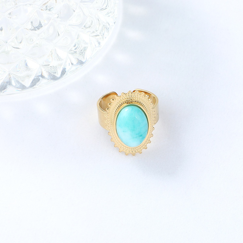 retro oval turquoise inlaid golden stainless steel open ring