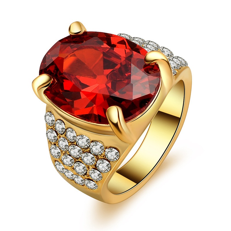 Retro crystal golden oval ruby ring set