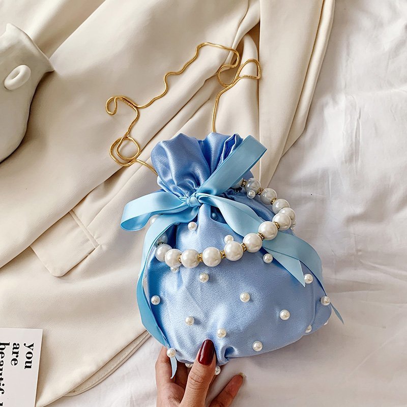 fashion pearl handle ribbon bow chain bucket small bag