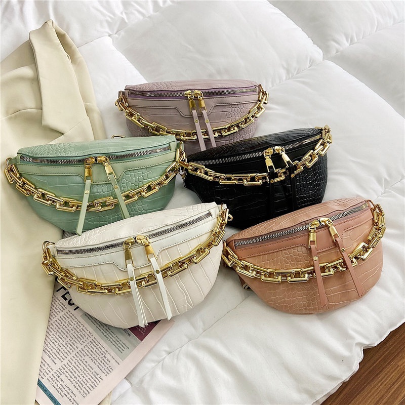 trend chain solid color crocodile pattern small chest bag