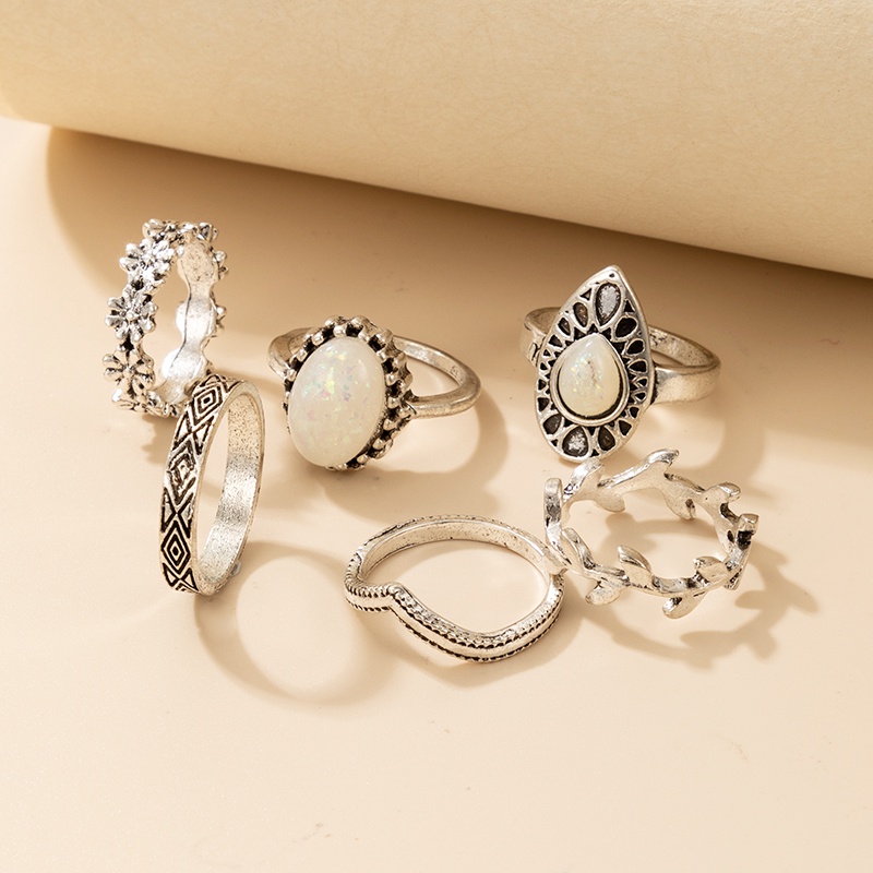 simple fashion leaf flower gemstone carved ring 6piece ring