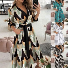 New fashion V-neck printing lapel tie long-sleeved dress with belt