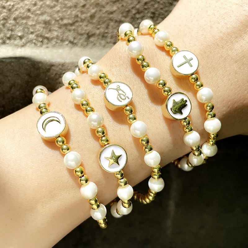 Simple cross star moon pearl elastic bracelet