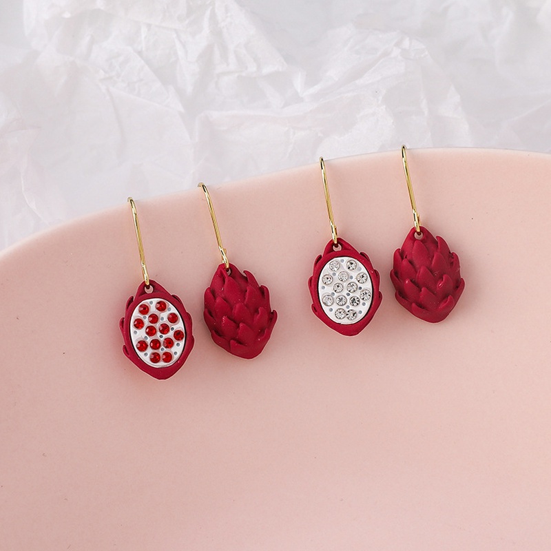 korean style asymmetric rhinestone red heart dragon fruit earrings
