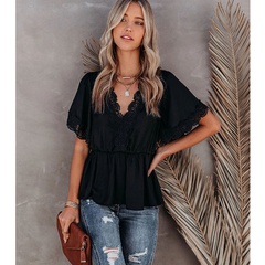 fashion lace stitching big V-neck short-sleeved lace-up top