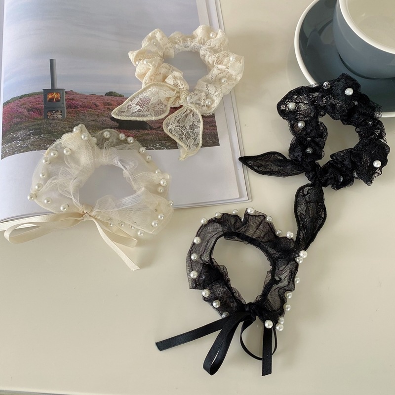 Korean mesh pearl bow hair ring