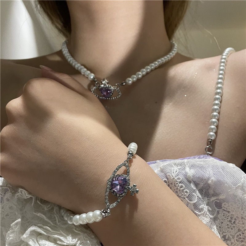 Retro purple gemstone love pearl necklace set