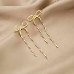 Korean Style Flash Diamond Long Pearl Bow Earrings