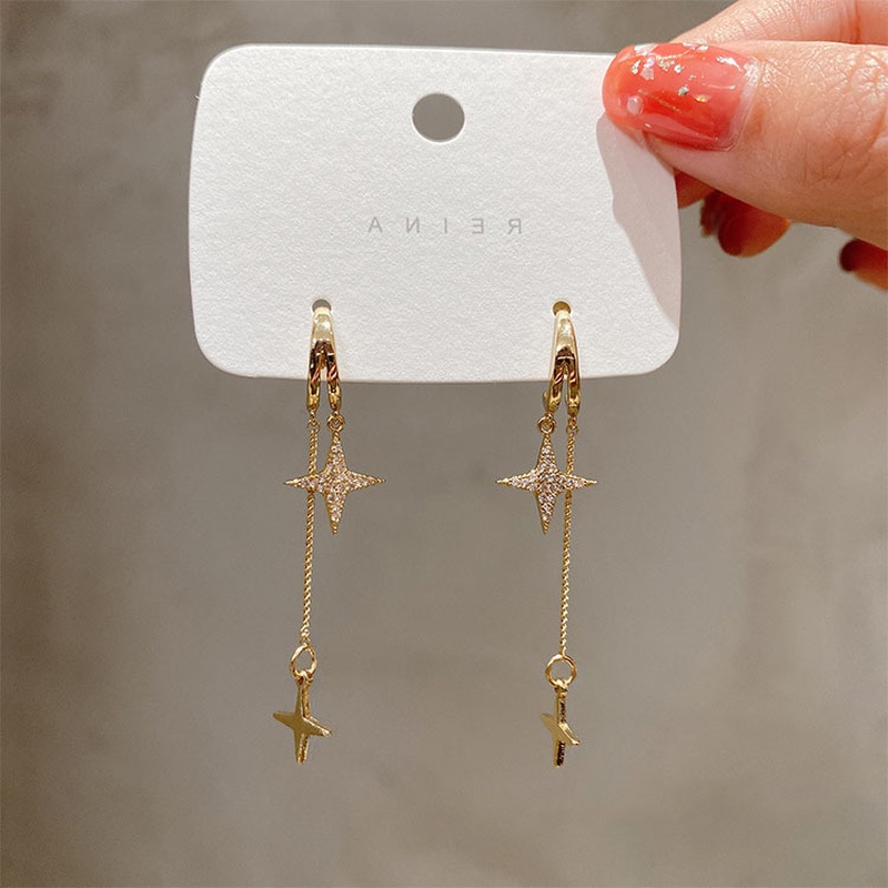 Korean style simple star rhinestone tassel long earrings