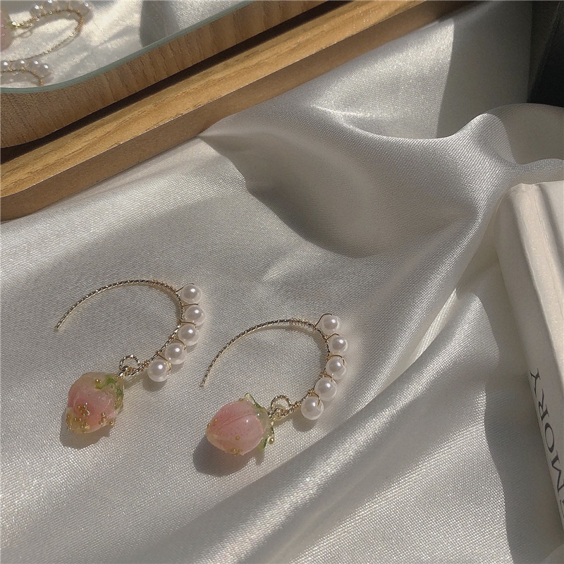 Korean Style pearl pink flower dripping earrings