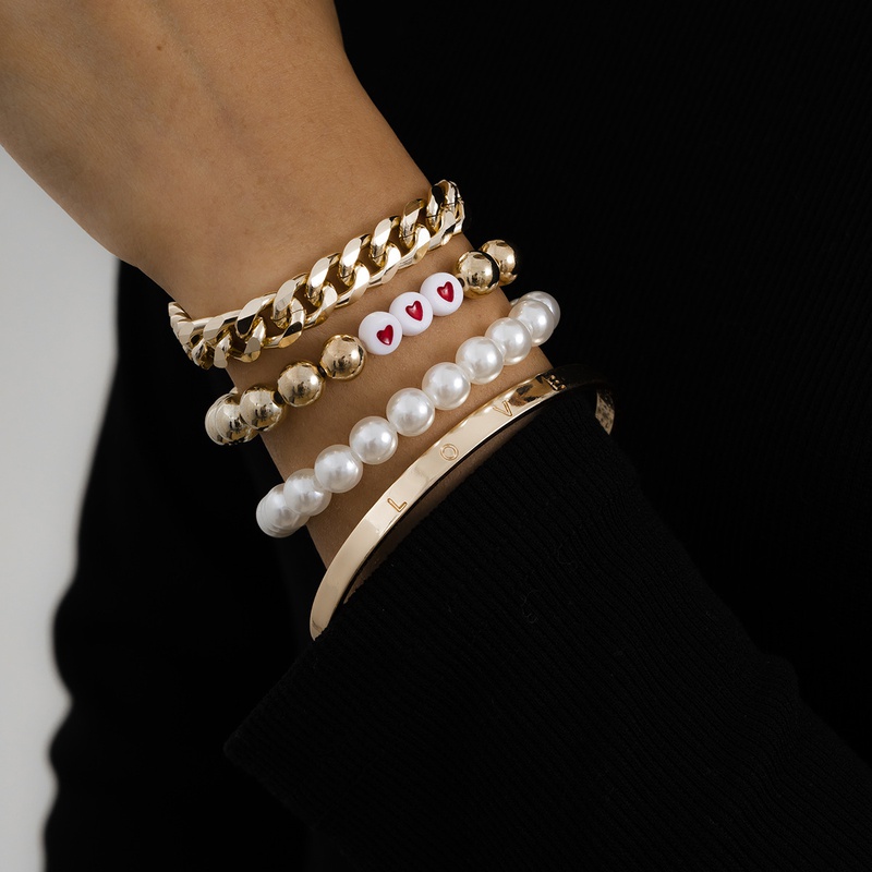 Hiphop texture heart round bead imitional pearl bracelet set
