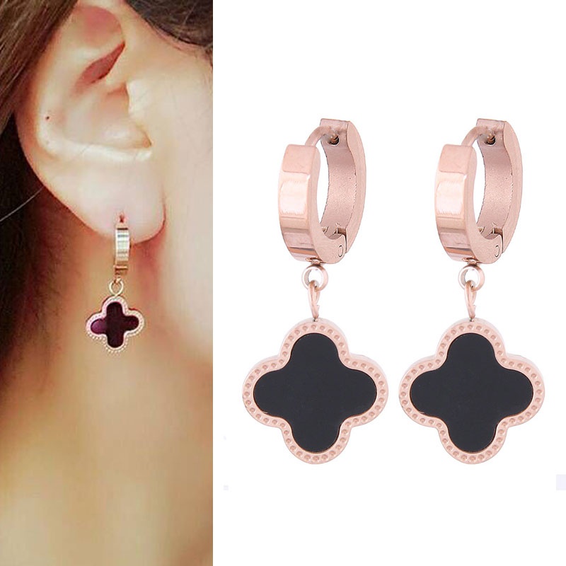 fashion titanium steel black fourleaf clover earrings