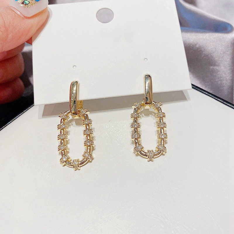 fashion zircon microinlaid geometric ring buckle earrings