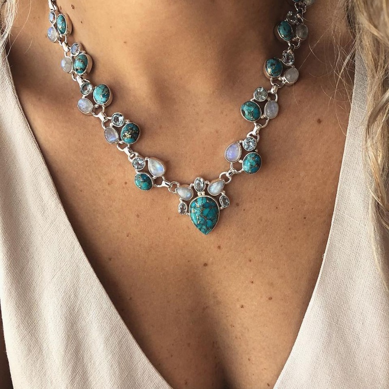 fashion bohemian retro inlaid turquoise pendant necklace