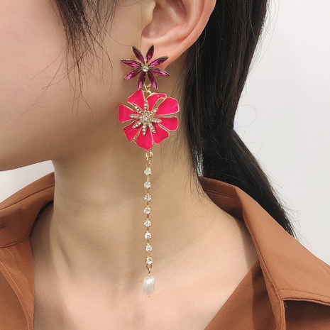 Mode Öltropfen Diamant Blume Perle lange Ohrringe's discount tags