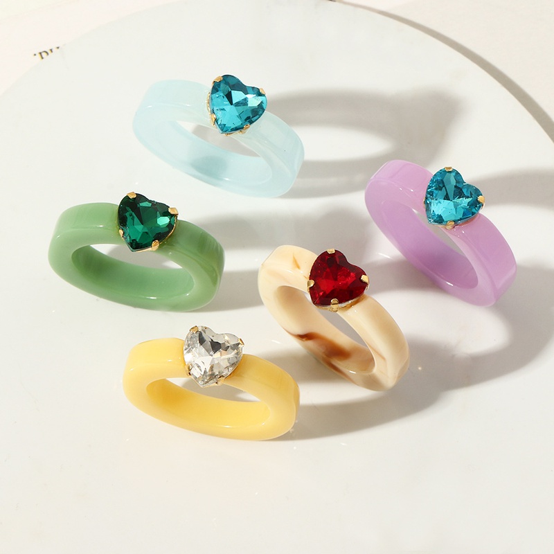 fashion candy color resin ring heartshaped diamond ring