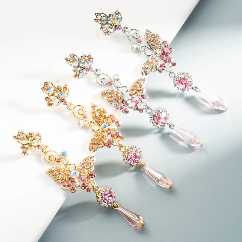 Korean pink apricot series diamond butterfly earrings