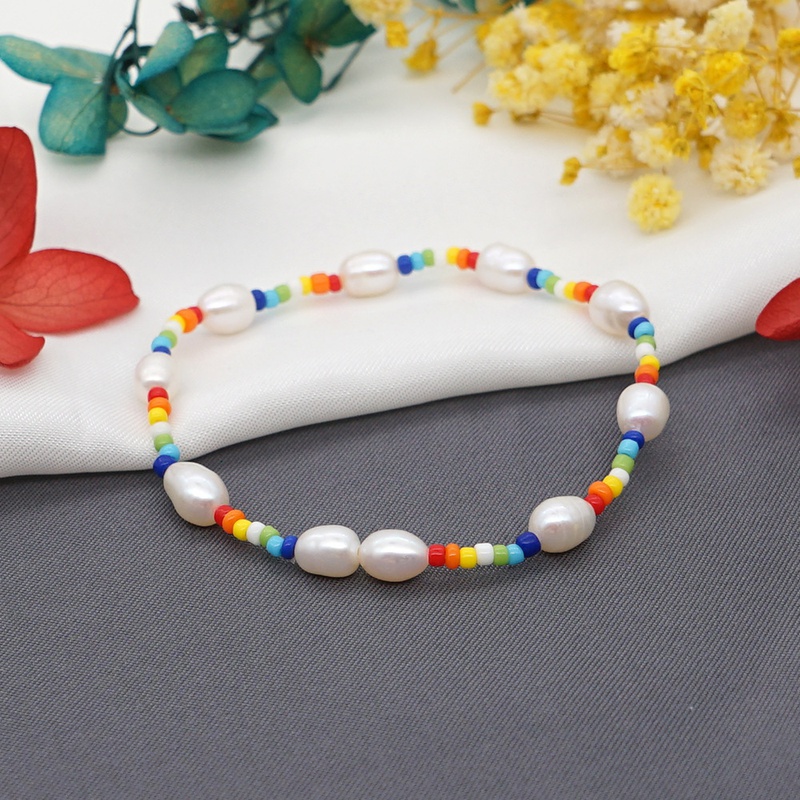 simple mixed color glass rice bead pearl couple bracelet