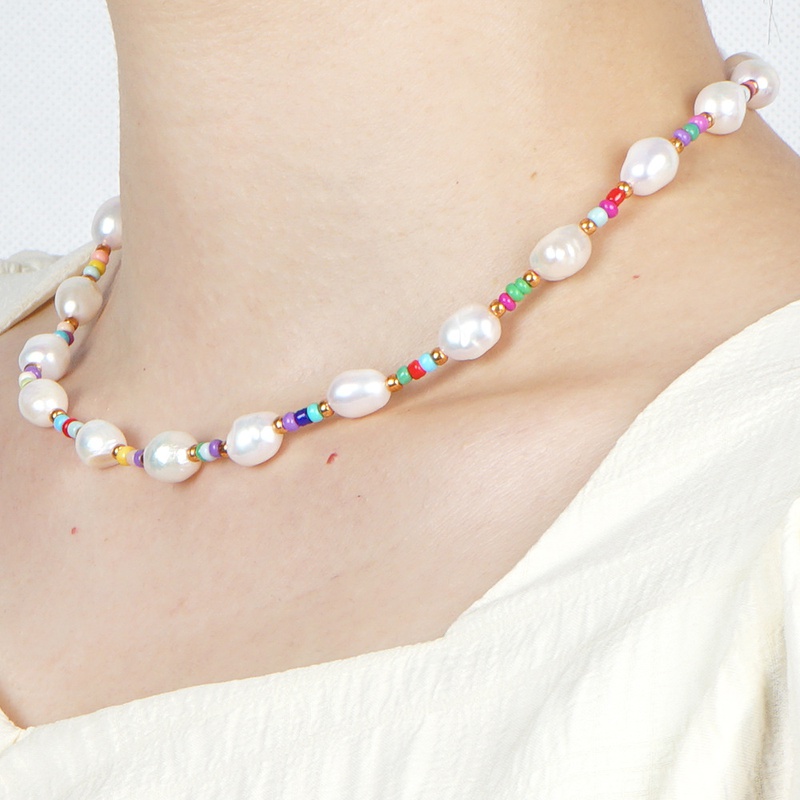 fashion bohemian freshwater pearl rainbow bead necklace