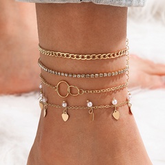 simple diamond-studded pearl heart buckle anklet 4-piece set